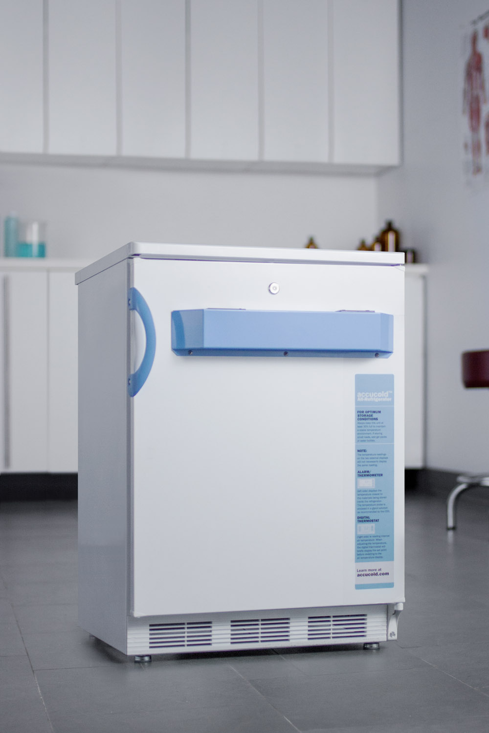Built-in undercounter auto defrost medical/scientific all-refrigerator with front control panel equipped with a digital thermostat and NIST calibrated thermometer/alarm; includes front lock, hospital grade cord, and internal fan